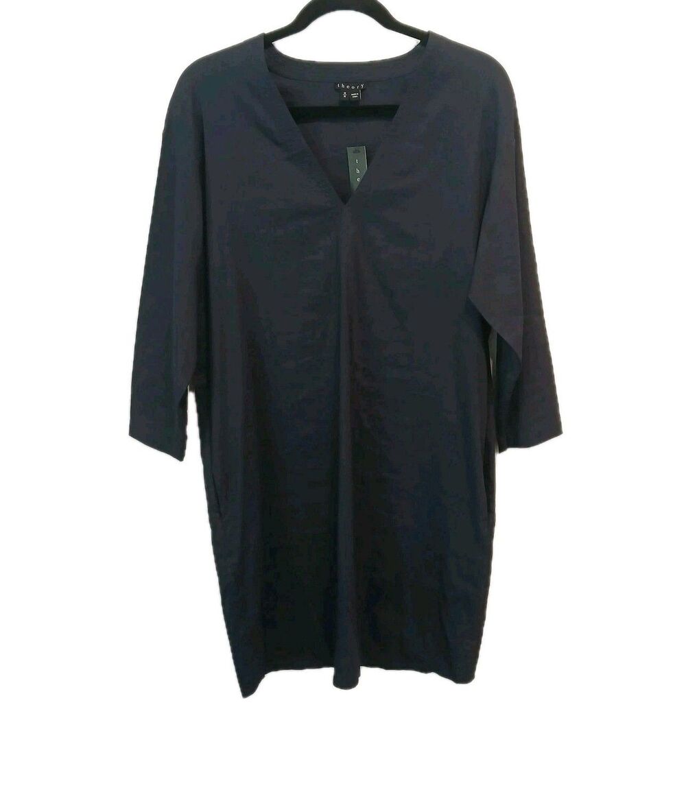 NWT Theory Women's Medium Blue V-Neck Linen Blend Tianhe Tunic Shift Dress $295
